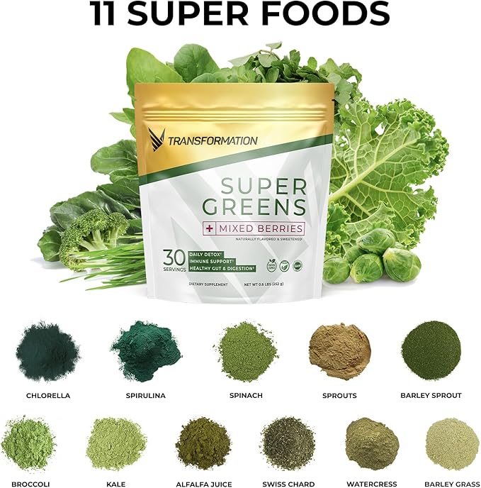 Transformation Chocolate Protein Powder | 30G Multi-Protein Superblend+ Grass-Fed Hydrolyzed Collagen Peptides Powder- Hair Skin Nails+ Organic Super Greens Superfood Powder- Immune &amp Energy Sup