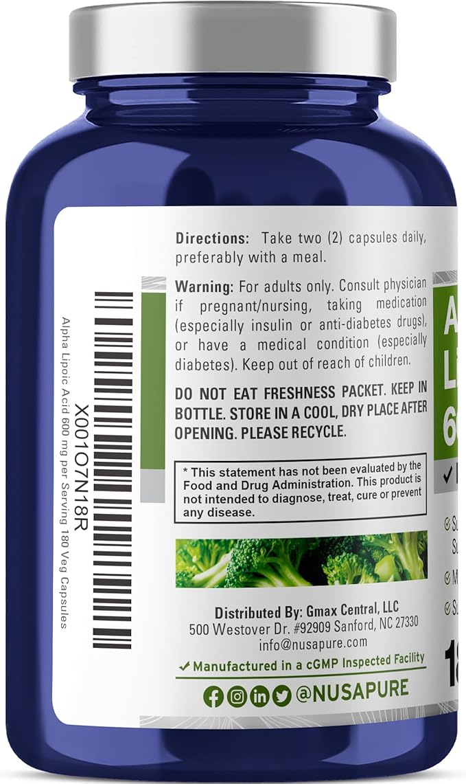 NusaPure Alpha Lipoic Acid 600 mg per Serving 180 Veggie Capsules (Vegetarian Non-GMO Vegan)