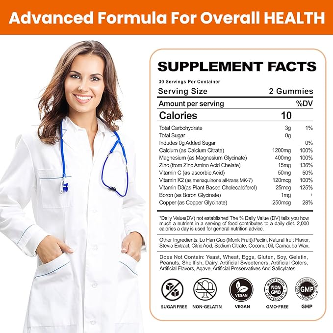 Calcium Magnesium Gummies for Women Men: 1200mg Calcium Citrate Zinc Gummy with Vitamin C D3 K2 - Vegan Sugar Free Chewable High Absorption Enegy Immune Support Supplement(120Count)