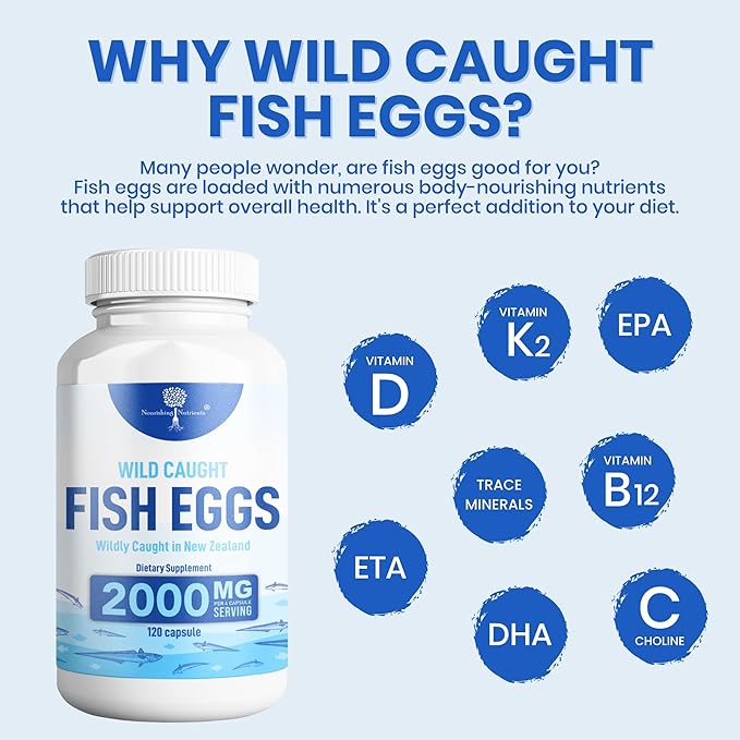 Wild Caught Fish Eggs 2000mg - Omega 3 Supplement for Eye Brain Health Supports Immunity Bones and Teeth Mood Support with Omega 3-6-9 Fish Egg Capsules