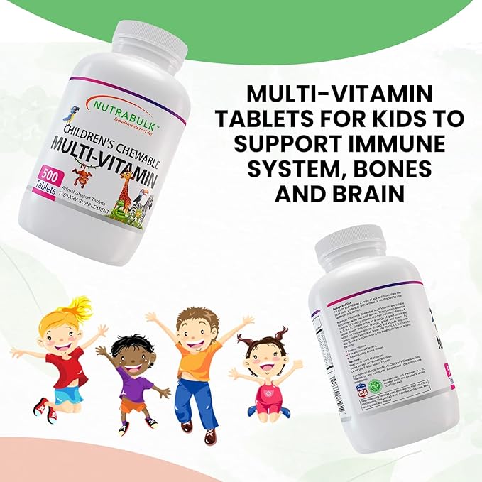 NutraBulk Children’s Chewable Multi-Vitamins - Promoting Kids' Overall Development - USA-Made May Help to Support Immune Bone Brain &amp Overall Well Being- Vegan &amp Gluten Free - 500 Cherry Ta