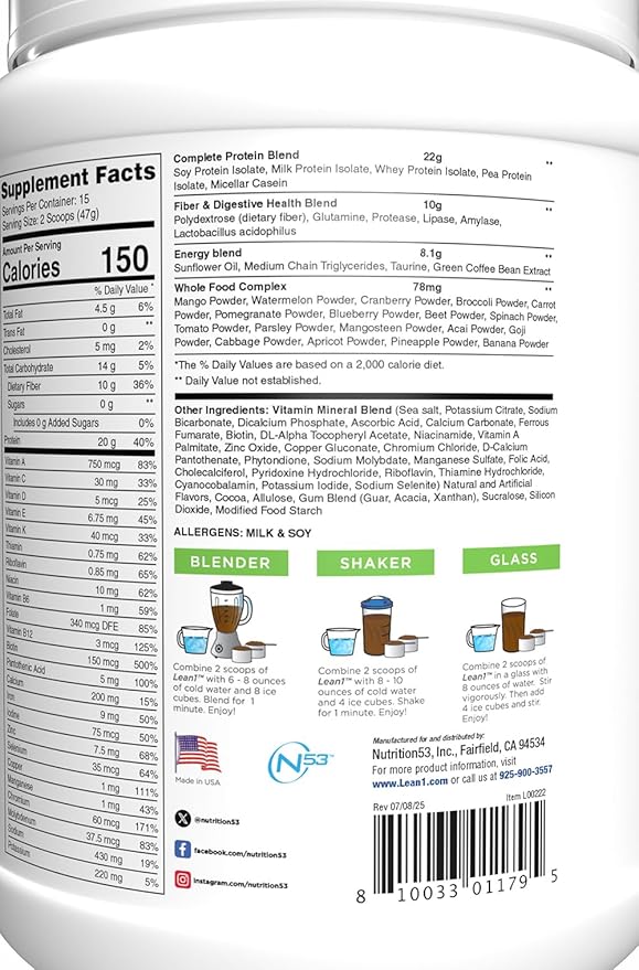 Lean1 Chocolate Mint flavor 15 serving tub fat burning meal replacement protein shake by Nutrition53