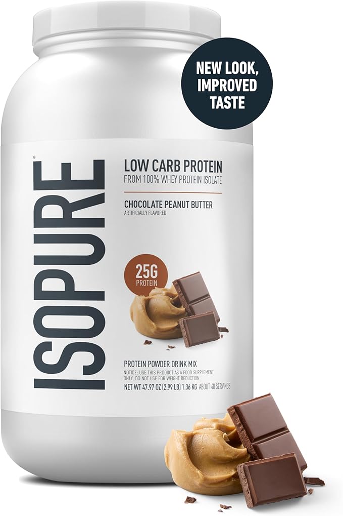 Isopure Low Carb 100% Pure Whey Isolate Protein Powder Gluten Free With Vitamins Chocolate Peanut Butter 25g Protein Per Serving 3 Lbs 40 Servings (Packaging May Vary)