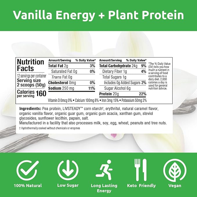 UCAN Energy + Plant Protein Powder - Vegan Plant Based Protein 20g Pea Protein with Amino Acids EAAs &amp BCCAs - Keto Protein Powder - No Added Sugar Gluten-Free - Vanilla - 12 Servings