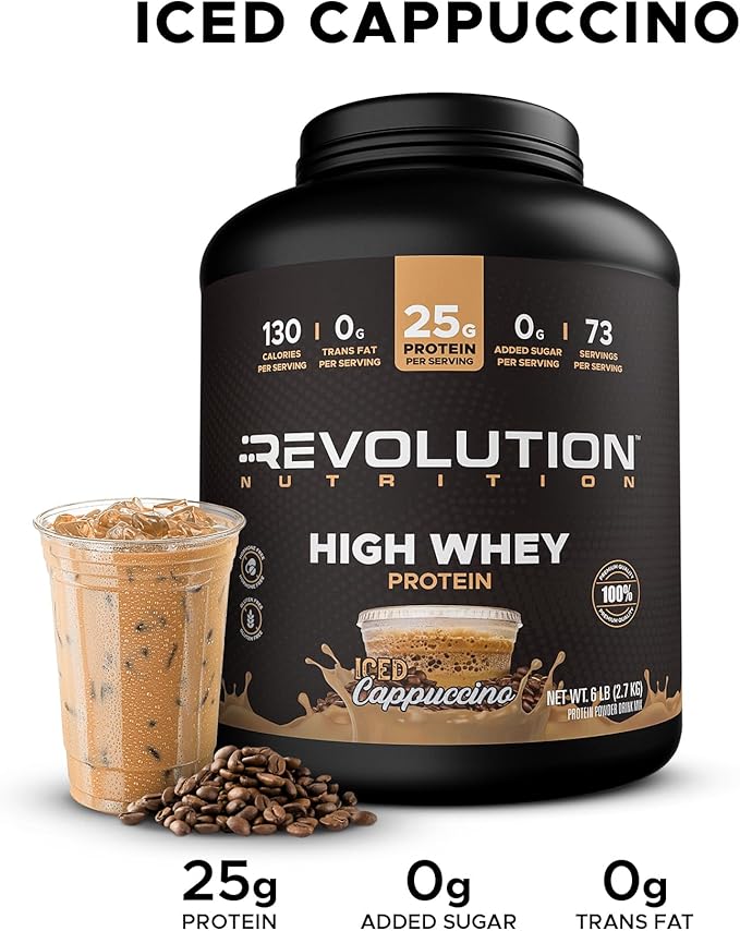 Revolution Nutrition High Whey Protein Powder 6LB Whey Isolate Gluten Free Lean Muscle Mass for Men &amp Women 25g of Protein Per Scoop 2.7kg 73 Servings (Iced Cappuccino 6 Pound)