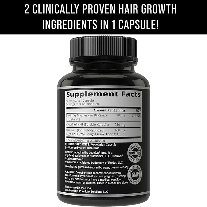 Lustriva Hair Growth Supplement + Cynatine HNS Keratin - 2 Clinically Proven Ingredients in 1 Capsule. Biotin 10000mcg and Soluble Keratin. Vitamins for Hair &amp Skin. Supplements for Women &amp Me
