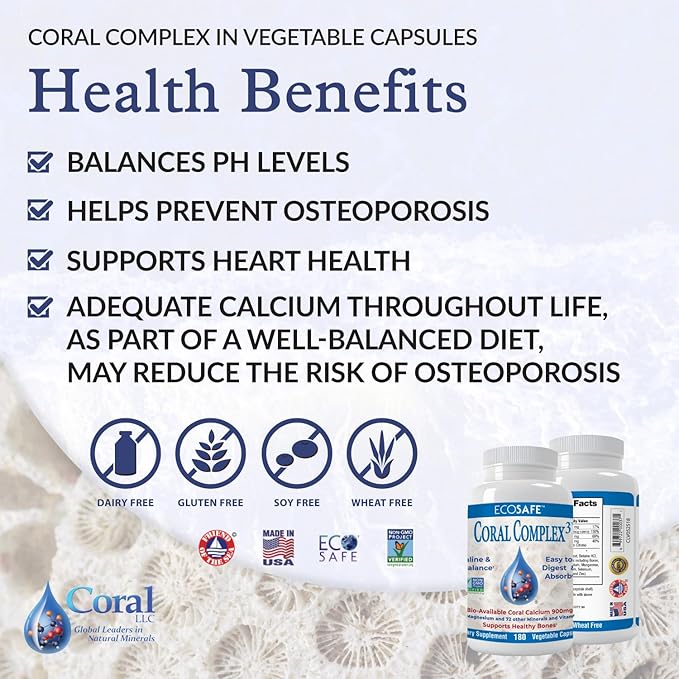 Coral Complex 3 Calcium Supplement Vitamin D3 &amp Magnesium – 900 mg Bioavailable Coral Calcium for Bone Strength Joint Support &amp pH Balance – Trace Minerals Non-GMO 300 Veg Capsules