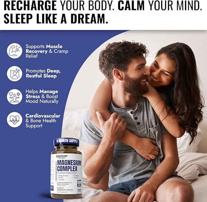 Magnesium Complex Supplement 4 Month Supply of 500mg 5-in-1 Bisglycinate Oxide Taurate Aspartate Citrate Max Absorption Magnesium Supplement for Calm Sleep &amp Leg Cramps 120 Capsule