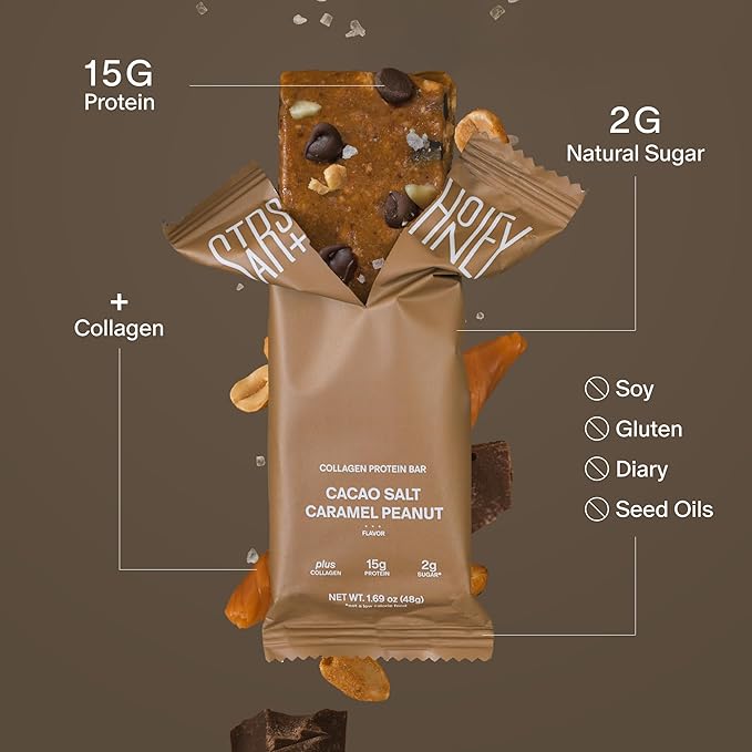 Stars + Honey Protein Bars- Cacao Salt Caramel Peanut15g Protein 2g Sugar w/ Collagen Keto Friendly Snack - Gluten Dairy &amp Soy Free - High-Protein Snacks for Energy &amp Recovery-10 pack