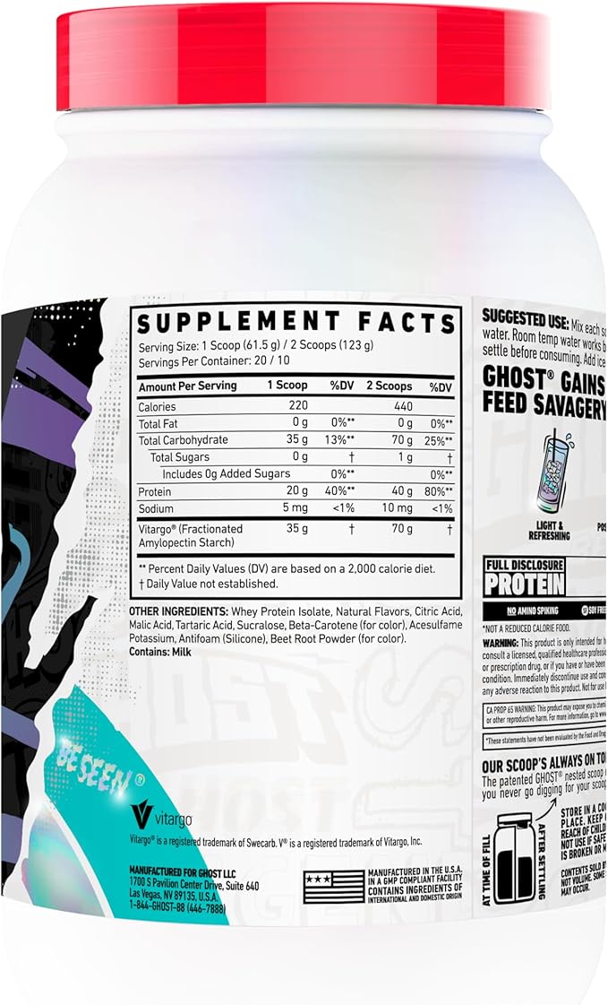 GHOST Clear Gains Mass Gainer Protein Powder - Post-Workout Weight Gainer Mix - 40g of Whey Protein Isolate 440 Calories &amp 70g Vitargo Carbs - Lean Muscle Building &amp Recovery - Orange Cream