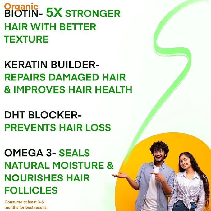 Plant Based Biotin 10000mcg for Hair Growth with DHT Blocker Keratin &amp Omega 3 Supplement Vitals for Men &amp Women - Ayurvedic Nutrients for Hair Fall Skin &amp Nails Health - 60 Capsules