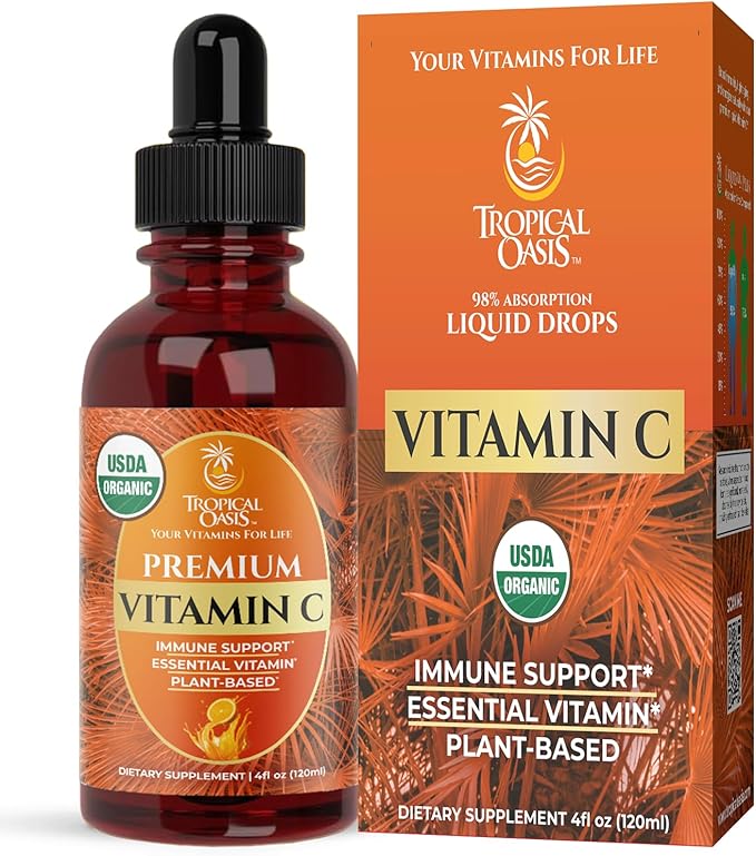 Tropical Oasis USDA Organic Liquid Vitamin C Drops for Adults &amp Kids | Supports Healthy Immune System | 98% Absorption Rate | Vegan | Non-GMO | Gluten Free | 60 Servings