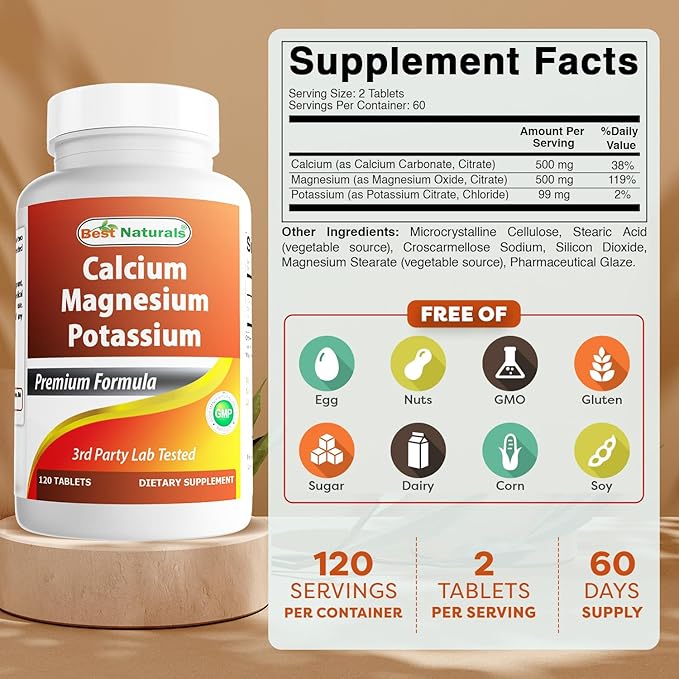 Best Naturals Calcium Magnesium Potassium - 120 Tablets - Non-GMO &amp Gluten Free (Pack of 2)