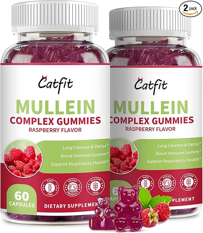 Catfit Mullein Quercetin Gummies for Lungs Detox &ampLymphatic DrainageElderberry Gummies for Respiratory &amp Immune SupportVegan Raspberry Flavor 120 Gummies