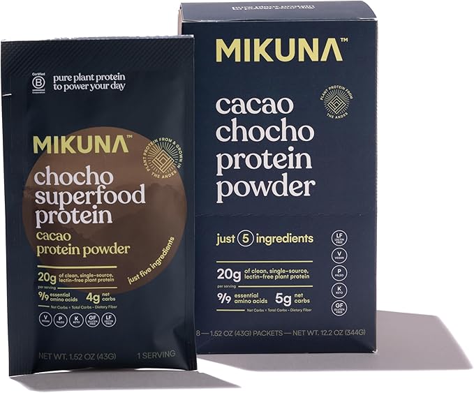 Mikuna Chocho Superfood Protein Plant-Based Protein Powder Travel Packs - Vegan Gluten Free 3g Net Carbs or Less and Bioavailable Non-Isolate (8 Servings Cacao)