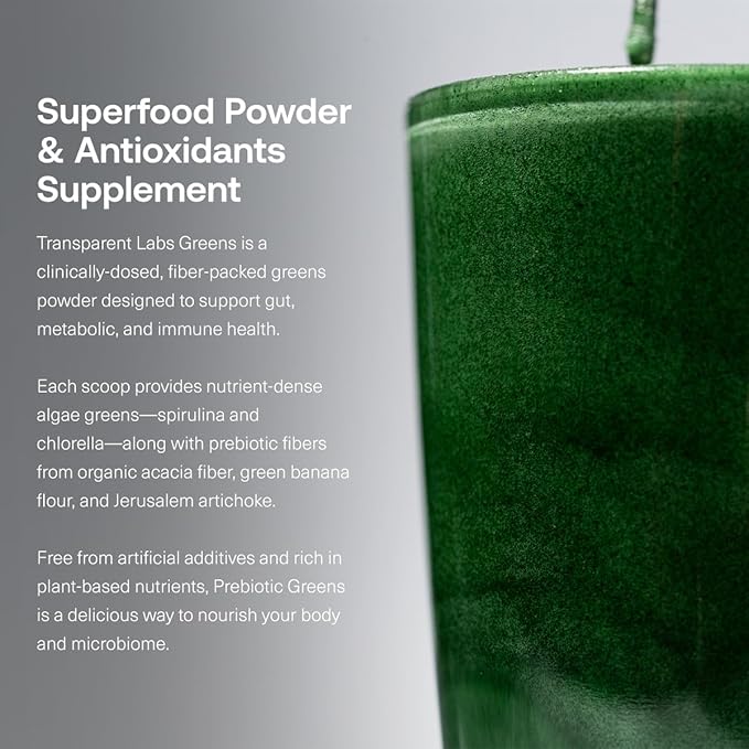 Transparent Labs Prebiotic Greens - Superfood Powder &amp Antioxidants Supplement with Organic Spirulina Chloerra Acacia &amp Green Banana Powder - 30 Servings Unflavored