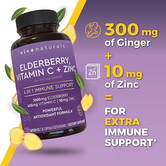 Viva Naturals Elderberry with Vitamin C and Zinc (120 Capsules) - 1000mg Sambucus Elderberry Immune Support Supplement Black Elderberry Capsules for Adults Elderberry Vitamins - 2 Months Supply