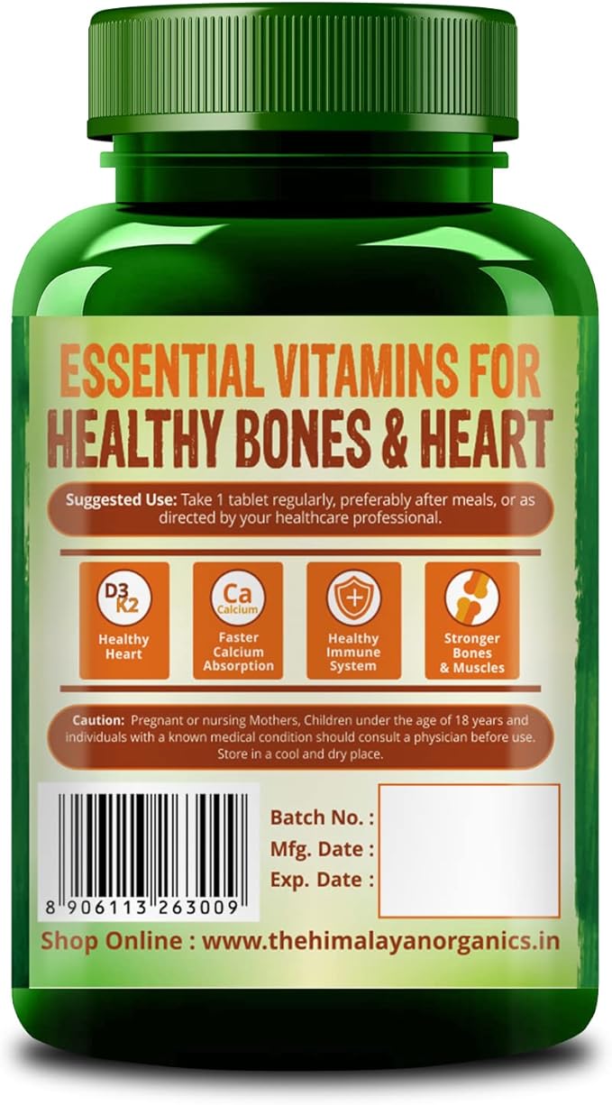 Himalayan Organics Vitamin D3 600 IU + Vitamin K2 as Mk7 | Supports Stronger Immunity Bone &amp Heart Health (120 Veg Tablets)