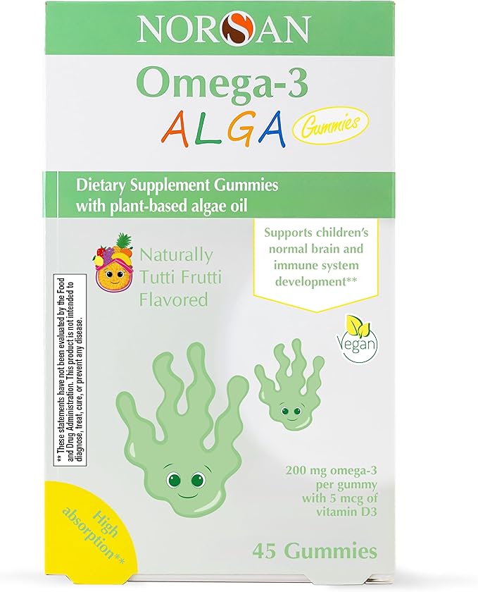 NORSAN Alga Premium Omega-3 Kids Vegan Gummies 45pcs - High Dosage DHA and EPA | 45 Vegan Chewing Gummies with 200mg Omega-3 per Gummie | Tutti Frutti Flavour | with Plant-Based Algae Oil
