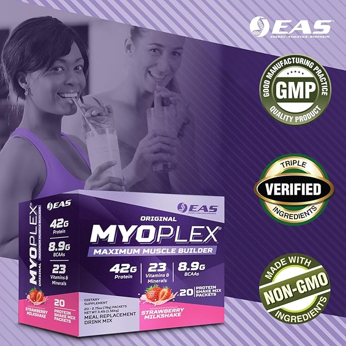 EAS Original Myoplex Maximum Muscle Builder | Meal Replacement Protein Drink Mix | Quality Protein Blend | 42g Protein | 20 Individual Packets (Vanilla Ice Cream)