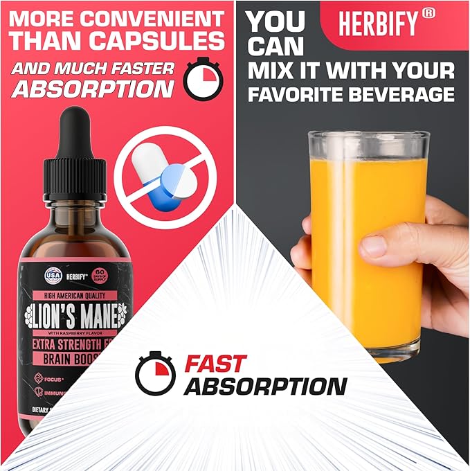 HERBIFY Lions Mane Supplement - Daily Mushroom Supplement for Memory Focus &amp Clarity - Brain Booster - Lions Mane Tincture for Natural Immune Support - 4 Fl Oz Raspberry Flavor