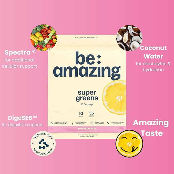 BE AMAZING Super Greens Powder with Prebiotics Digestive Enzymes &amp Antioxidants 35 Fruits &amp Veggies Electrolytes &amp Fiber Vegan Gluten Free Juice &amp Smoothie Mix Pink Lemonade 25