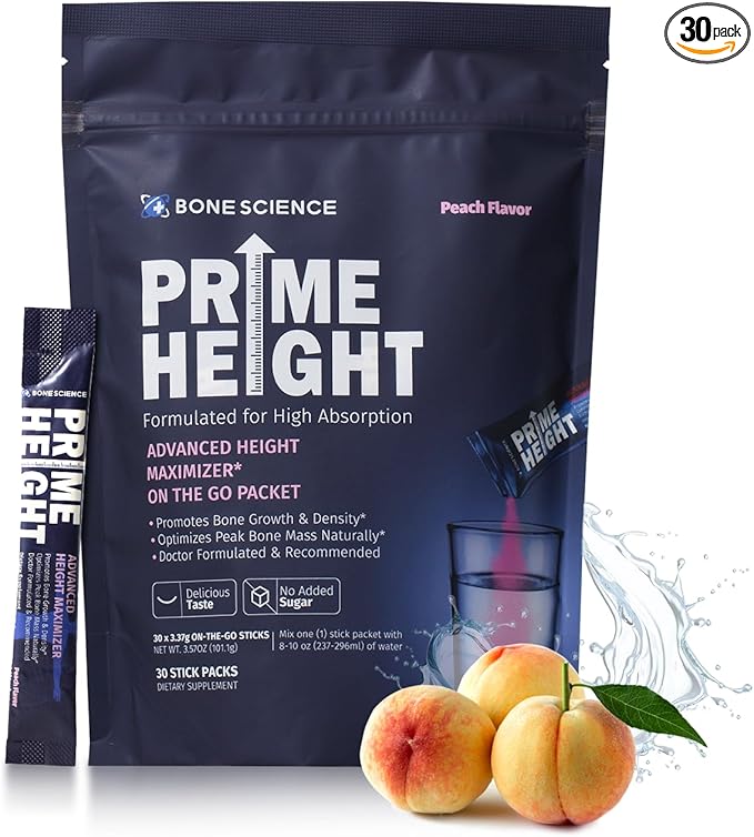 BONE SCIENCE Prime Height Multivitamin Powder for Kids &amp Teens Bone &amp Immune Support Sugar-Free Peach Flavor 16 Key Nutrients Easy Drink Mix 30 Sticks