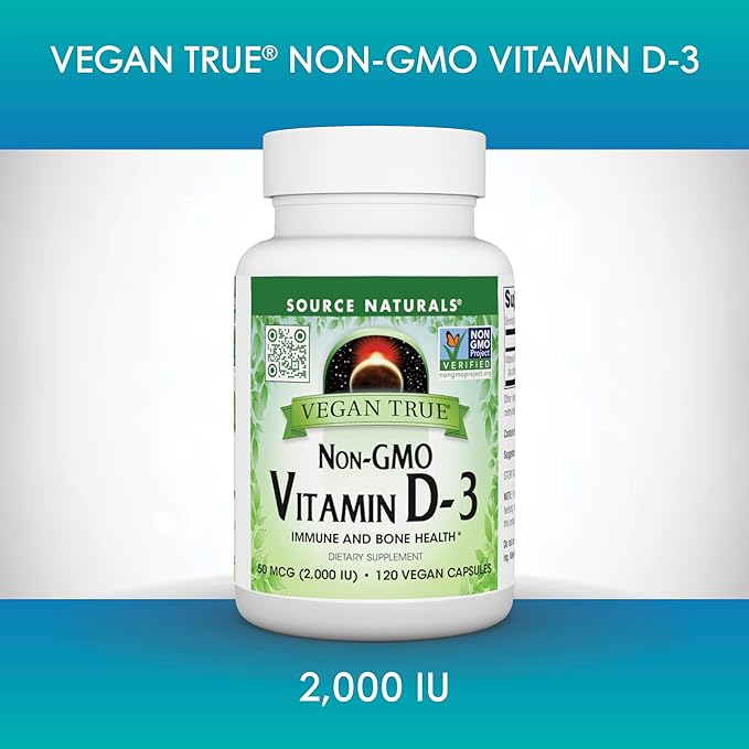Source Naturals Vegan True Non-GMO Vitamin D-3 Dietary Supplement for Immune and Bone Health* 2000 IU - 90 Capsules