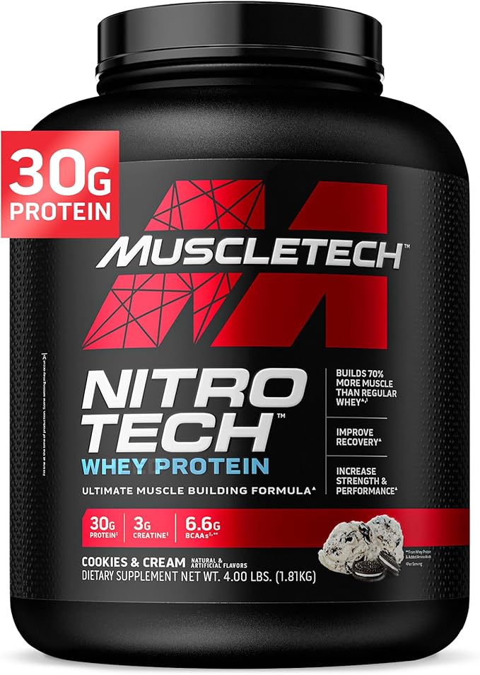 Muscletech Whey Protein Powder &amp Multivitamin for Immune Support - Nitro-Tech Muscle Building Formula with Whey Protein Isolate &amp Peptides 30g Protein 3g Creatine 6.8g BCAAs and Platinum M