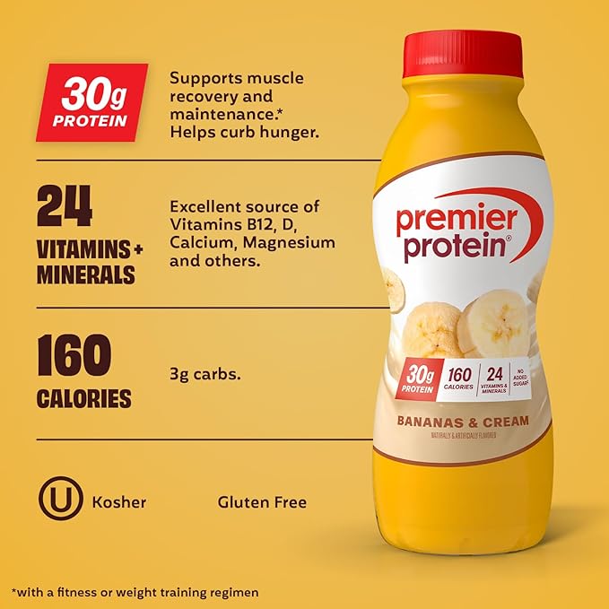 Premier Protein Shake Bananas &amp Cream 30g Protein No Added Sugar 24 Vitamins &amp Minerals to Support Immune Health 11.5 fl oz 12 Pack