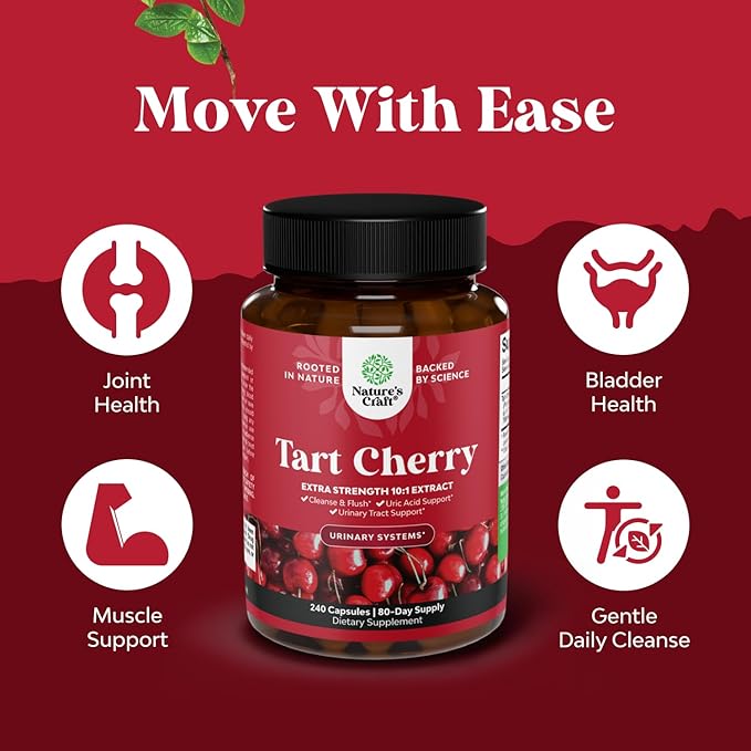 Natures Craft Extra Strength Tart Cherry Capsules - Tart Cherry Extract Capsules for Uric Acid Cleanse for Kidney Support - Fruit Extract Supplement for Urinary Tract Health &amp Joint Support - 240