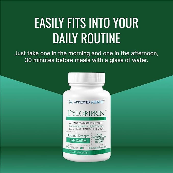 Approved Science Pyloriprin - Advanced Digestive Support for A Healthy Stomach - Zinc L-Carnosine Probiotic Broccoli Sprout Deglycyrrhized Licorice - 180 Capsules - Three Month Supply - Vegan