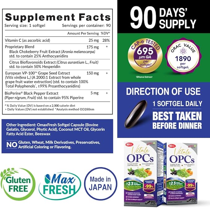 LABO Nutrition Vitale OPCs | Premium European Grape Seed Extract with Aronia Citrus Bioflavonoids | Supports Circulation Skin Health and Cellular Protection | 100% polyphenols 90 Softgels