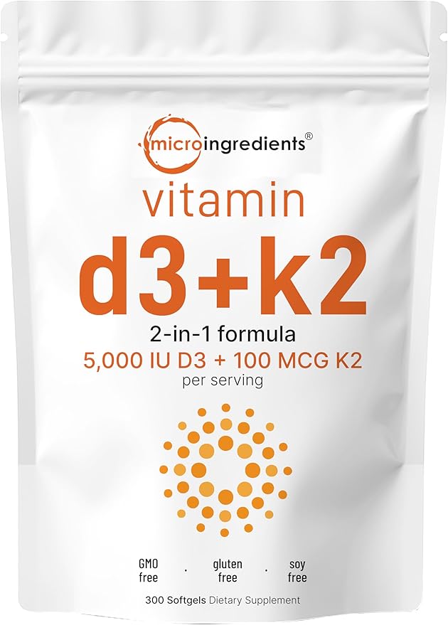 Micro Ingredients Vitamin D3 5000iu + K2 100mcg Softgels &amp Multi Collagen Protein Powder Bundle 2 Pack | Essential Sunshine Vitamins | Grass-Fed Collagen Peptides