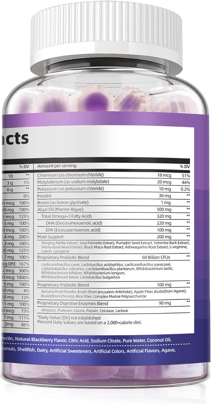 Multivitamin for Men Mens Multivitamins Gummies w/Omega-3 Probiotics Inositol Folate Biotin Zinc Vitamins A C D E B - Support Heart Brain Muscle Energy Sugar-Free Blackberry Flavor