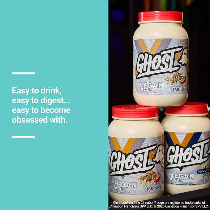 GHOST Vegan V2 Protein Powder Cinnabon - 2LB Tub 25G of Protein - Plant-Based Pea &amp Organic Pumpkin Blend Protein with Fiber &amp Iron ­- Flavored Post Workout Shakes - Soy &amp Gluten Free