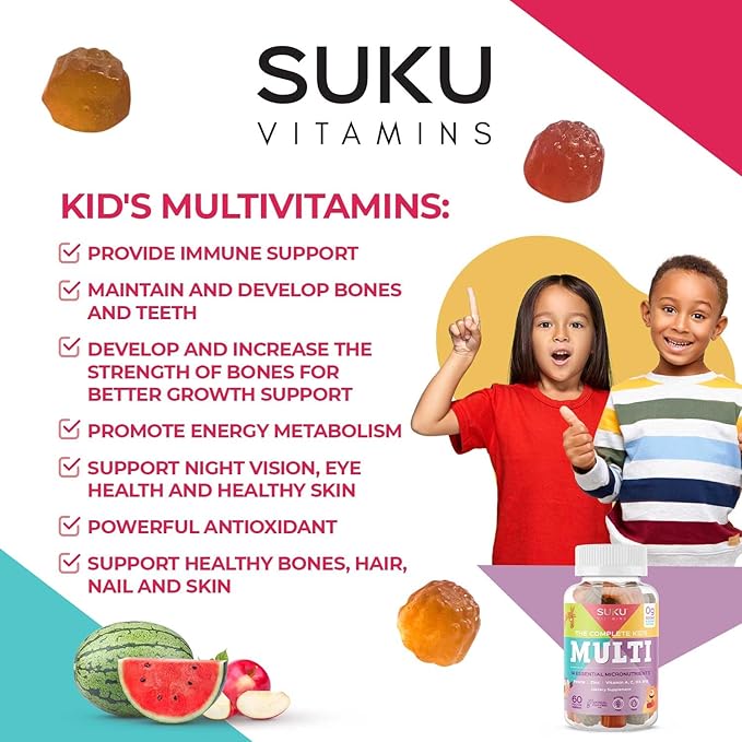 SUKU The Complete Kids Multivitamin Gummies – Vitamins A C D E B6 B12 Folate &amp Zinc – Immune Support Sugar-Free Gluten-Free Non-GMO Tropical Bonanza Flavor – 60 Count