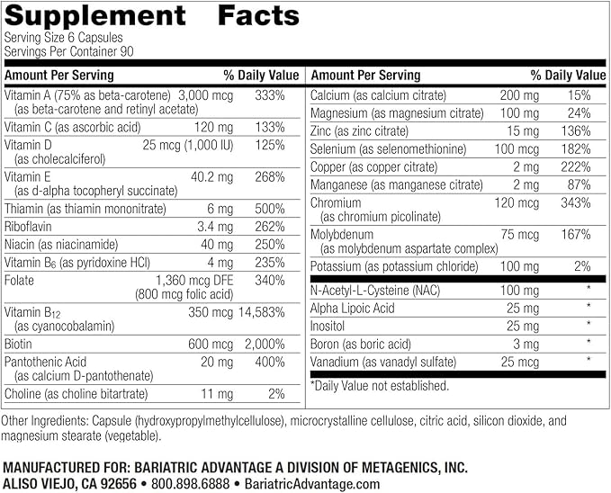 Bariatric Advantage Multi Formula Without Iron High Potency Daily Multivitamin for Bariatric Surgery Patients with 22 Essential Vitamins and Nutrients - 540 Capsules