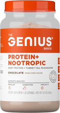 The Genius Brand Protein Powder - Chocolate + Adaptogenic Mushroom Blend - Plant-Based Protein with Turkey Tail for Gut Health - Daily Muscle Recovery &amp Immune Support - 20 Servings