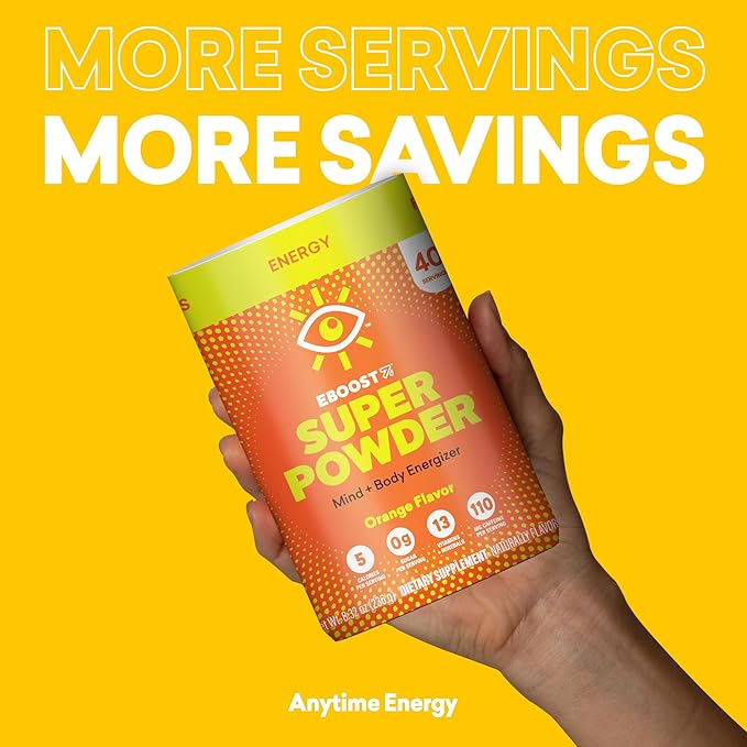 EBOOST Energy Drink &amp Electrolyte Powder Drink Mix - Super Powder Orange with No Added Sugar Blend of Vitamins Nootropics Natural Caffeine &amp Hydration - Pre &amp Post Workout - 40 Serving