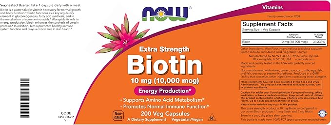 NOW Foods Extra Strength Biotin 10000mcg / 10 mg - 200 Veg Capsules (Pack of 2) - Hair Skin Nail - Supplement for Men and Women - B7 Vitamin - Vegetarian Vegan Non-GMO