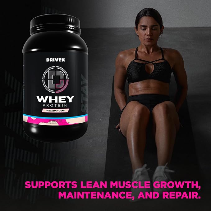 Driven WHEY- Whey Protein Powder: Delicious Clean Protein Shake- Improve Muscle Recovery with 23 Grams of Protein with Added BCAA and Digestive Enzymes (2lb Birthday Cake)
