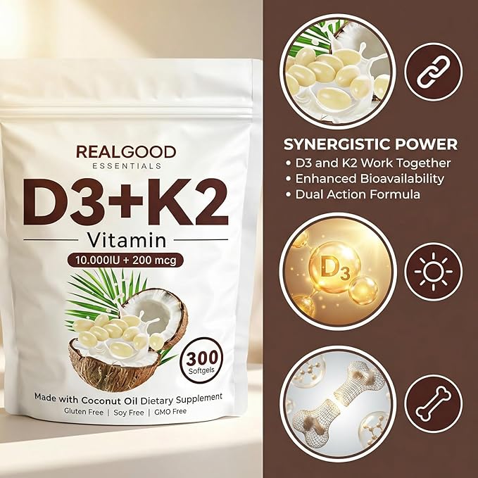 Real Good Essentials Vitamin D3 K2 D3 K2 Vitamin 10000 Iu Extra Strength 2-In-1 D&ampK Complex with Virgin Coconut Oil Free Of Gmo Gluten Soy Bone Health Supports Calcium Absorption 300 Softg
