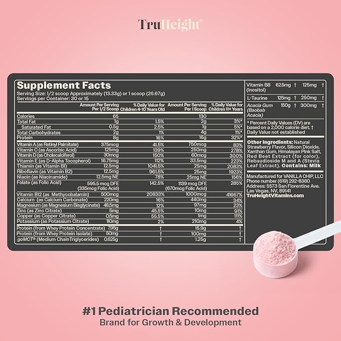 TruHeight Growth Protein Shake (Strawberry Milk Flavor Whey) Growth &amp Development Protein Powder for Kids &amp Teens - Pediatric Weight Gain Drinks - Picky Eater Vitamin Ages 4+