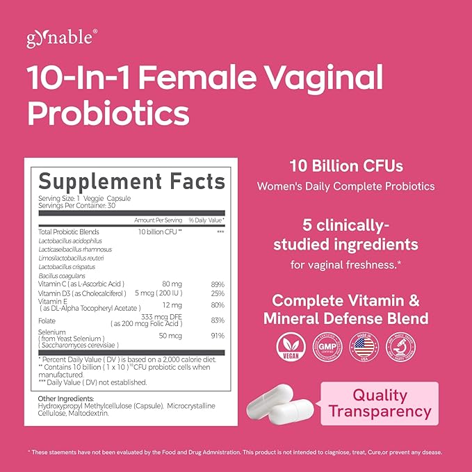 Gynable Vaginal Probiotics for WomenFemale Probiotic for pH Balance with Lactobacillus 10 Billion CFU Probiotics BlendSelenium-Vitamin D3Promote Healthy Vaginal Odor &amp Vaginal Flora90 Count