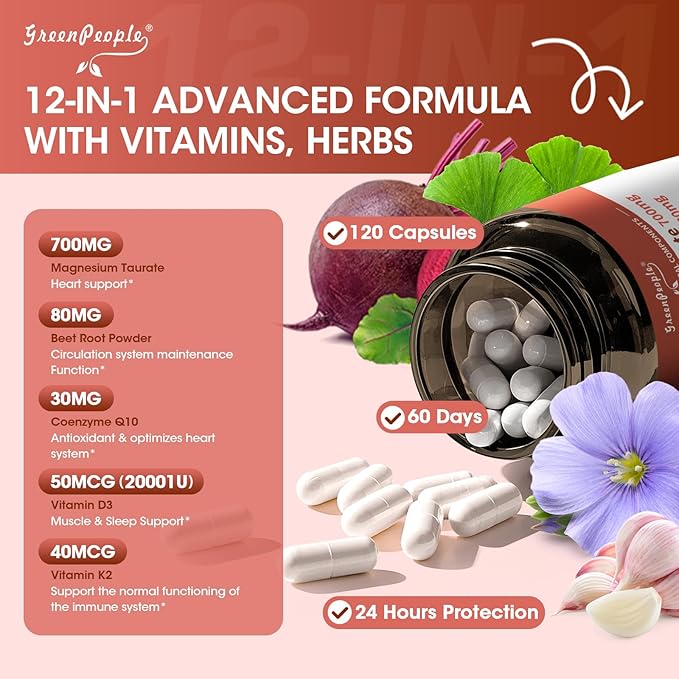 Magnesium Taurate Capsules 12-in-1 Complex - Beet Root CoQ10 Resveratrol for Heart Support Immue Support High Absorption Magnesium Taurate Complex Supplement for Men and Women 120 Capsules