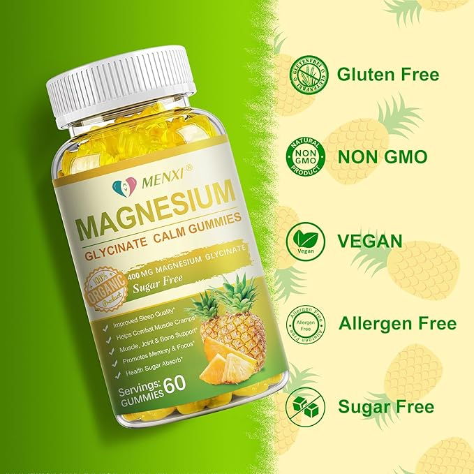 Magnesium Glycinate Gummies 400mg Sugar Free Magnesium TaurateMagnesium Malate Supplement with Vitamin D B6 CoQ10 for Relaxation Stress Relief Muscle Bone &amp Sleep Support-120 Pineapple Gumm