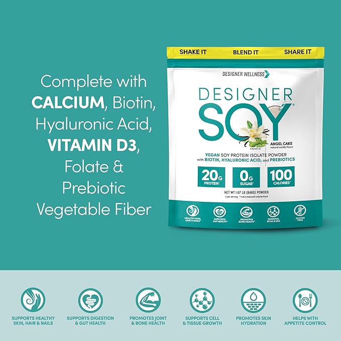 Designer Wellness Soy Isolate Protein Powder with Biotin Hyaluronic Acid and Prebiotics Vegan 0 Sugar Non-GMO Angel Cake Vanilla 1.87 lb