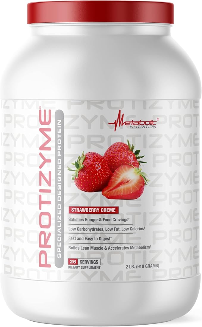 Metabolic Nutrition | Protizyme | 100% Whey Protein Powder | High Protein Low Carb Low Fat with Digestive Enzymes 24 Essential Vitamins and Minerals | Strawberry Creme 2 Pound