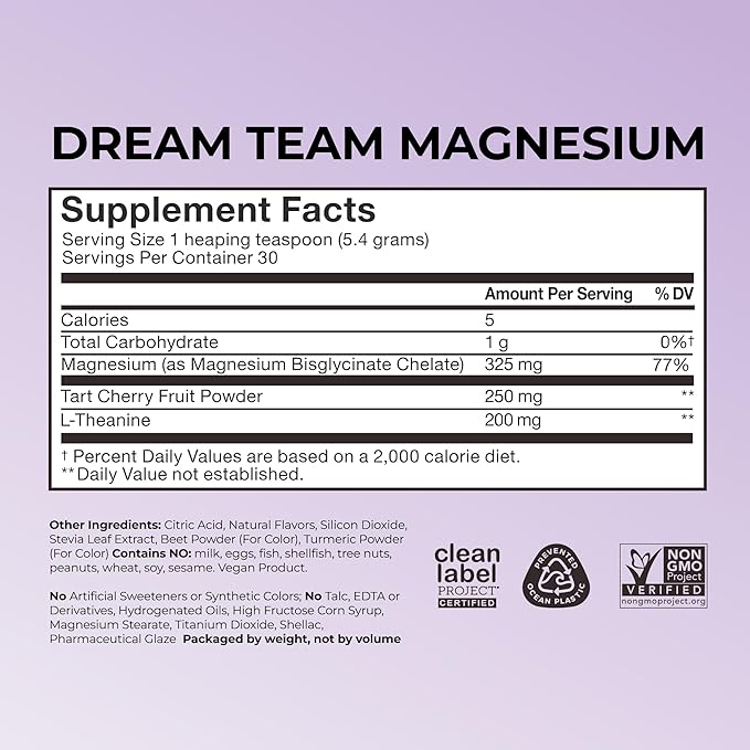 Hum Nutrition Dream Team Magnesium Bisglycinate Powder L Theanine &amp Tart Cherry Magnesium Supplement Drink Mix Support Rest Relaxation &amp Sleep Routine Gluten Free Vegan Cherry Lemon 30